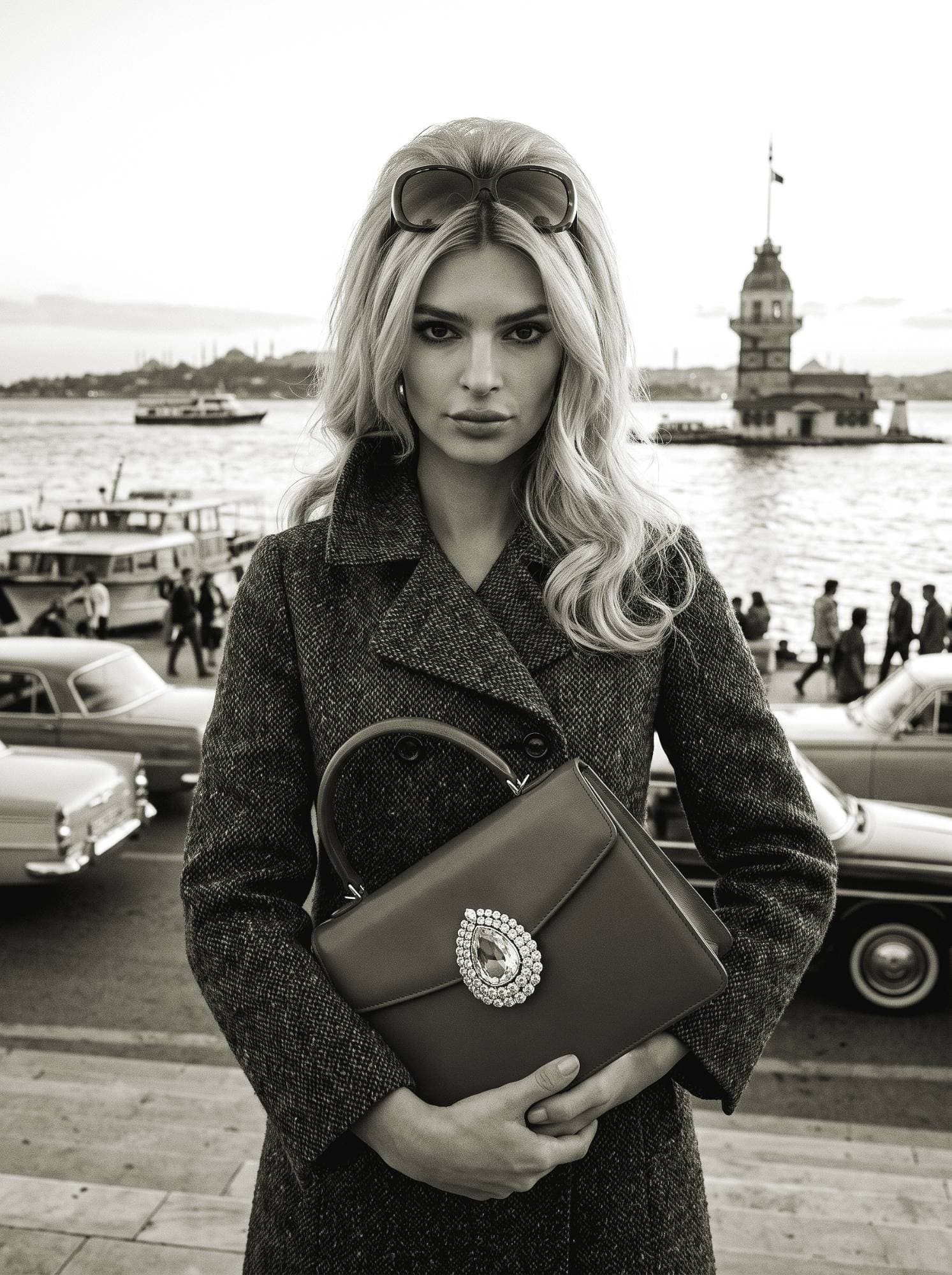 Kız Kulesi önünde tüvit paltolu, taşlı tokalı çanta tutan model; siyah beyaz moda görseli