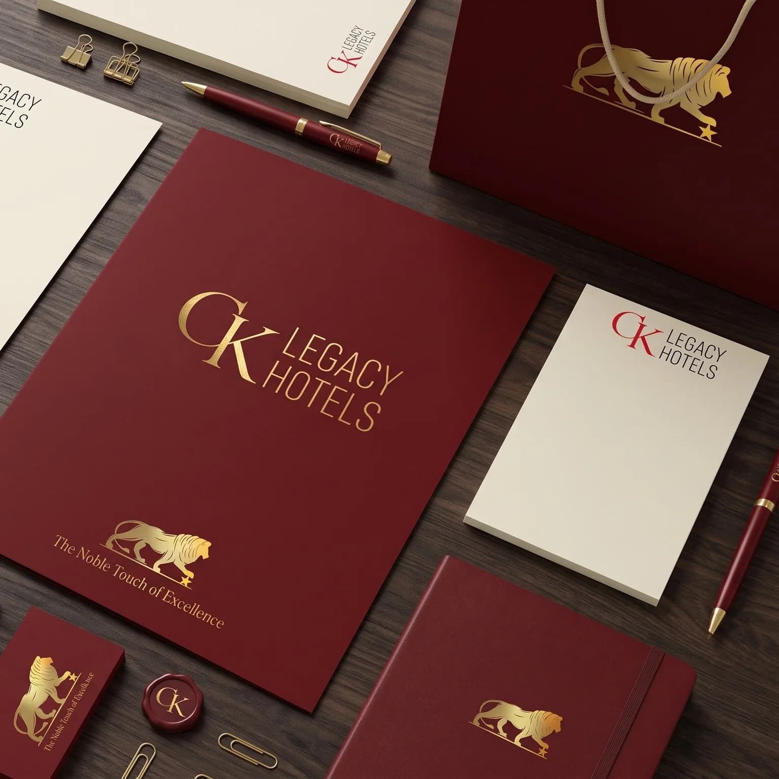 CK Legacy Hotels kurumsal kimlik seti ahşap masada: bordo dosyada altın CK Legacy Hotels logosu ve aslan amblemi, krem not blokları, kalem, defter, mühür ve alışveriş çantası