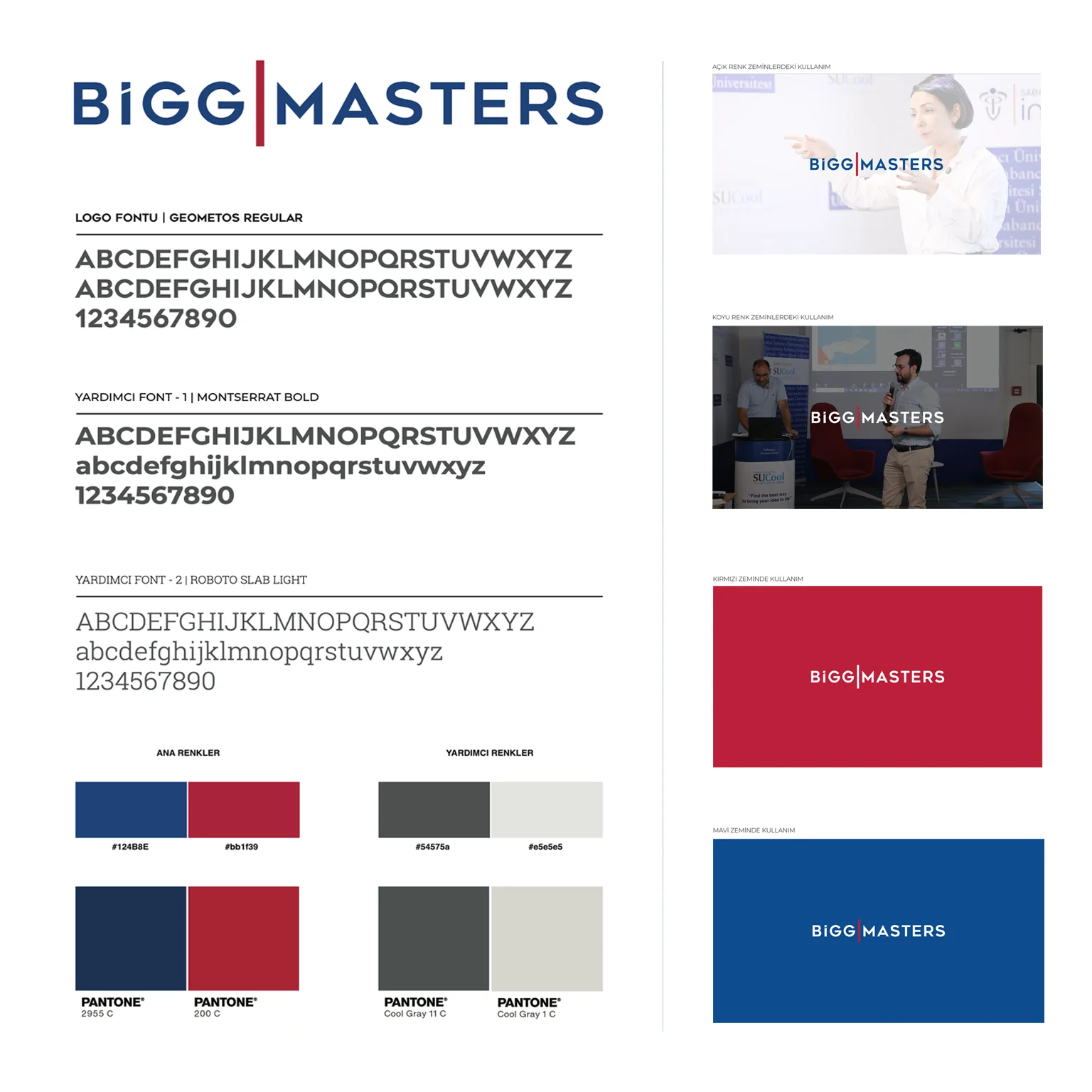 BİGG Masters kimlik sayfası: logo, logo yazı tipi ve yardımcı yazı tipleri, ana ve yardımcı renkler, açık, koyu, kırmızı ve mavi zeminlerde logo kullanımı