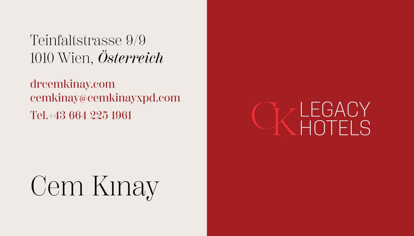 CK Legacy Hotels kartvizitinin ön yüzü: krem alanda Viyana adresi ve iletişim bilgileri, kırmızı alanda logo