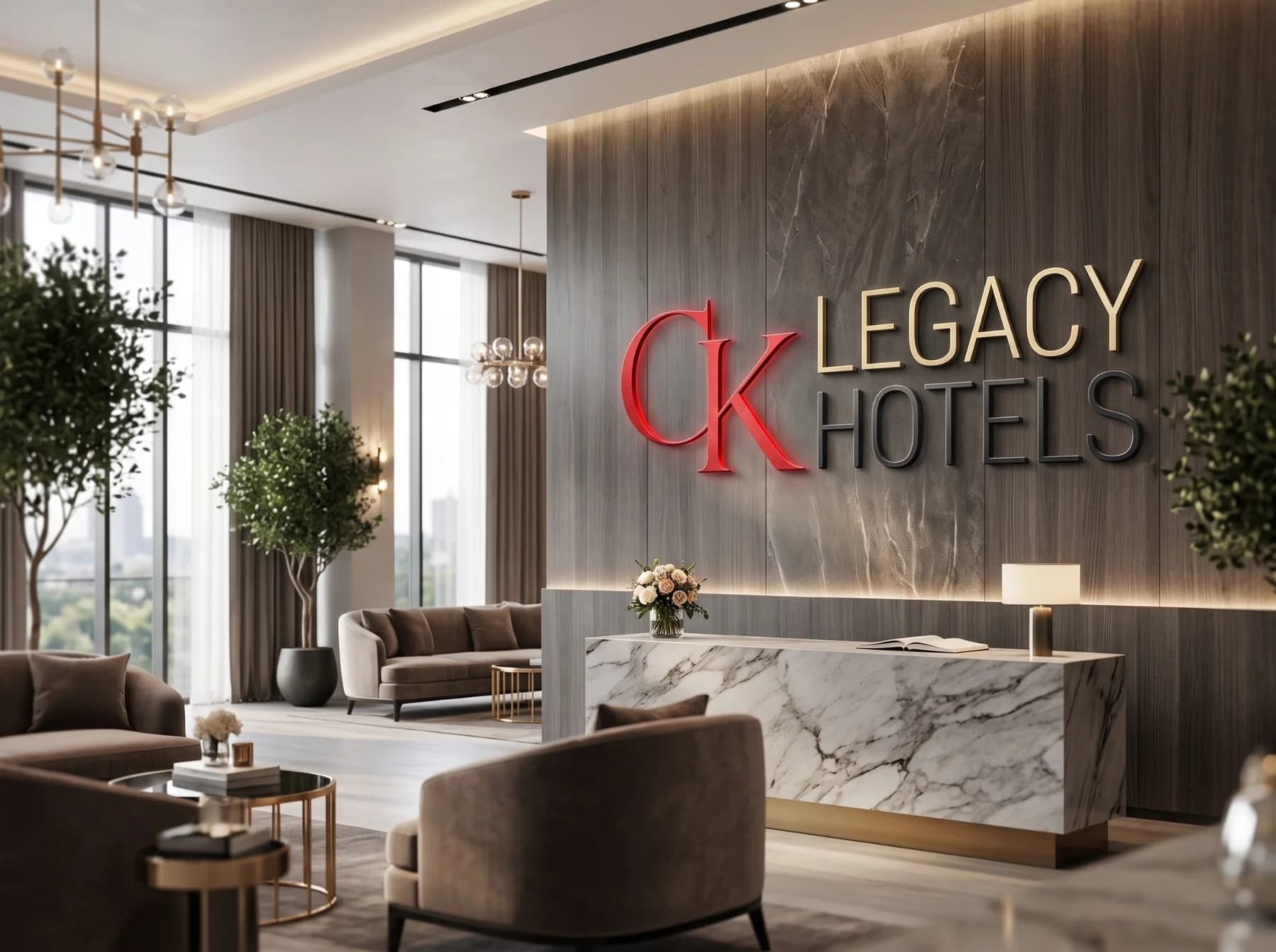 Otel lobisinde resepsiyon duvarında CK Legacy Hotels logosu